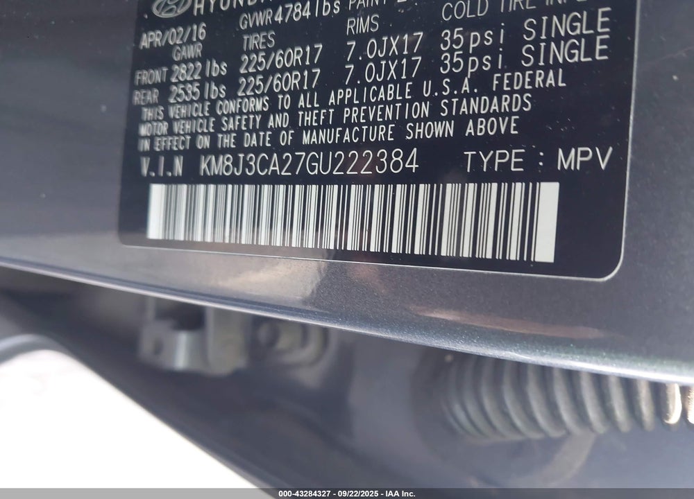2016 HYUNDAI TUCSON VIN: KM8J3CA27GU222384