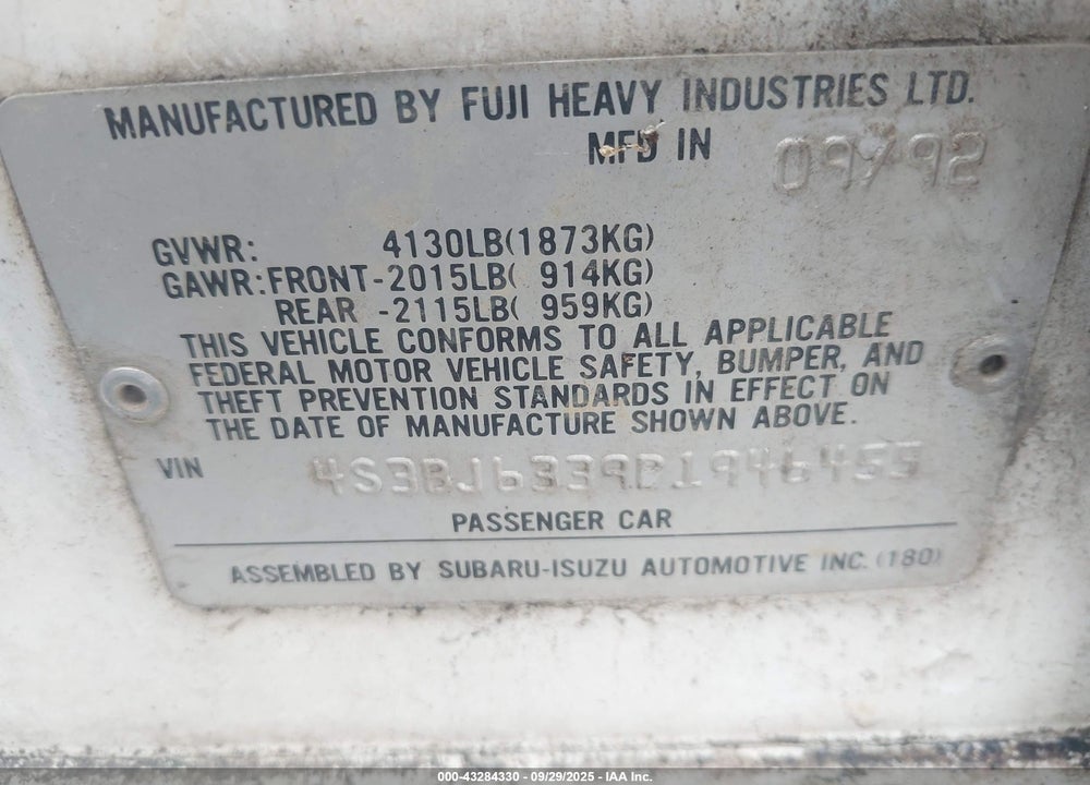 1993 SUBARU LEGACY L VIN: 4S3BJ6339P1946455