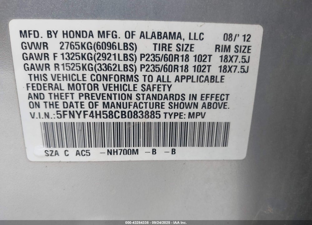2012 HONDA PILOT VIN: 5FNYF4H58CB083885