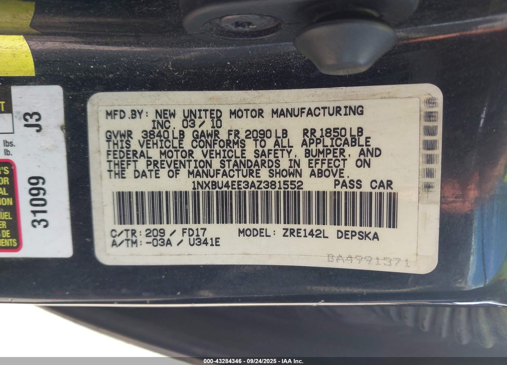 2010 TOYOTA COROLLA VIN: 1NXBU4EE3AZ381552