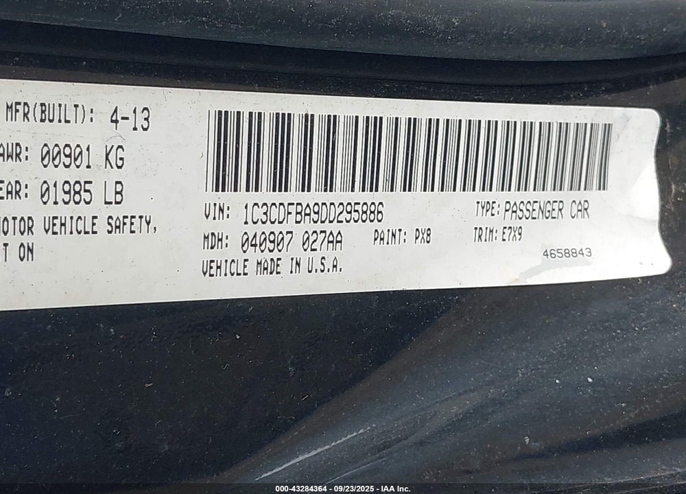 2013 DODGE DART VIN: 1C3CDFBA9DD295886