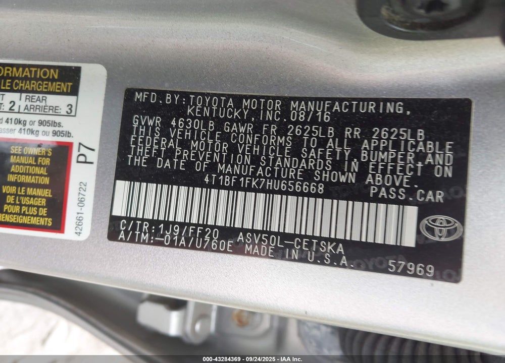 2017 TOYOTA CAMRY VIN: 4T1BF1FK7HU656668