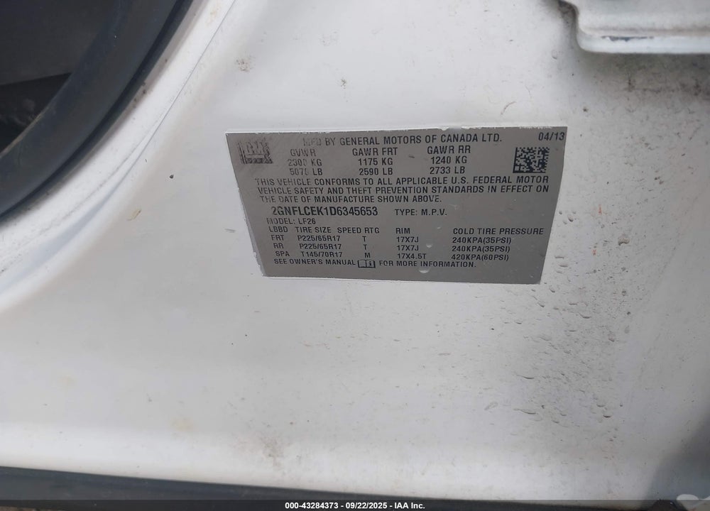 2013 CHEVROLET EQUINOX VIN: 2GNFLCEK1D6345653