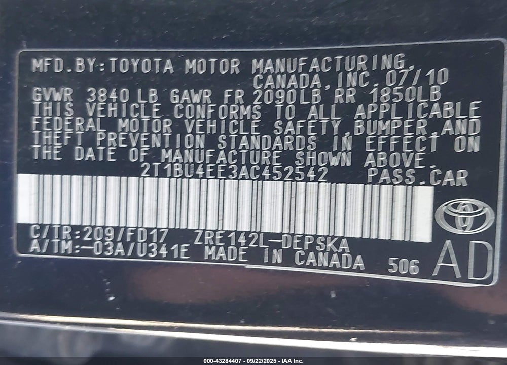 2010 TOYOTA COROLLA VIN: 2T1BU4EE3AC452542