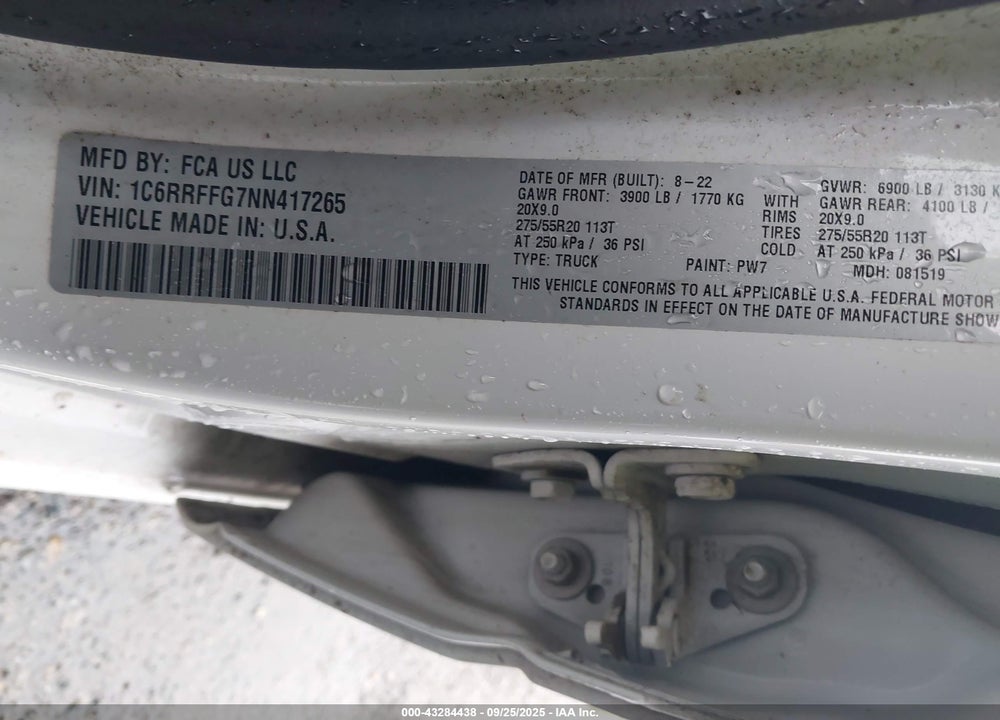 2022 RAM 1500 VIN: 1C6RRFFG7NN417265