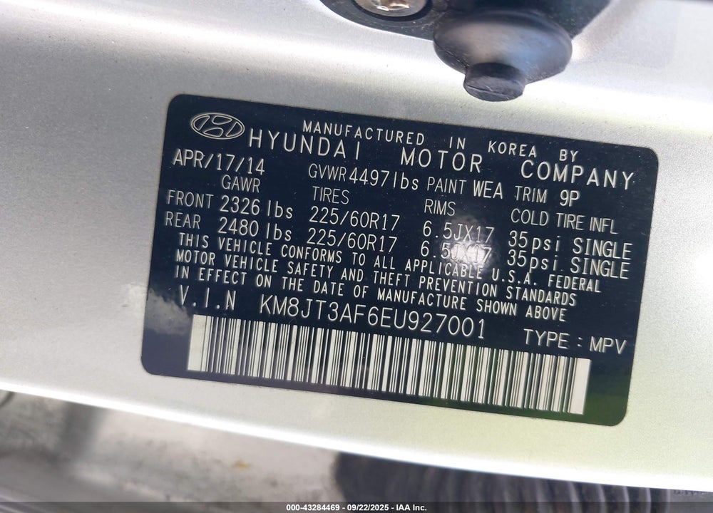 2014 HYUNDAI TUCSON VIN: KM8JT3AF6EU927001