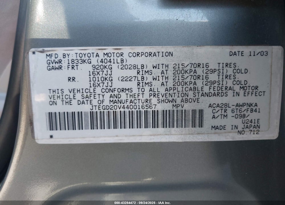 2004 TOYOTA RAV4 VIN: JTEGD20V440016567