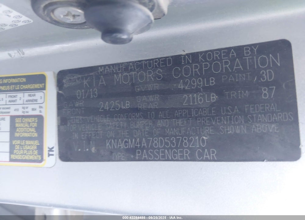 2013 KIA OPTIMA VIN: KNAGM4A78D5378210