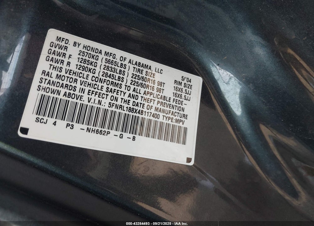 2004 HONDA ODYSSEY EX VIN: 5FNRL188X4B117400