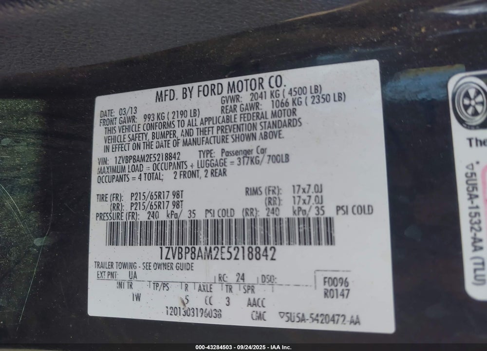 2014 FORD MUSTANG VIN: 1ZVBP8AM2E5218842