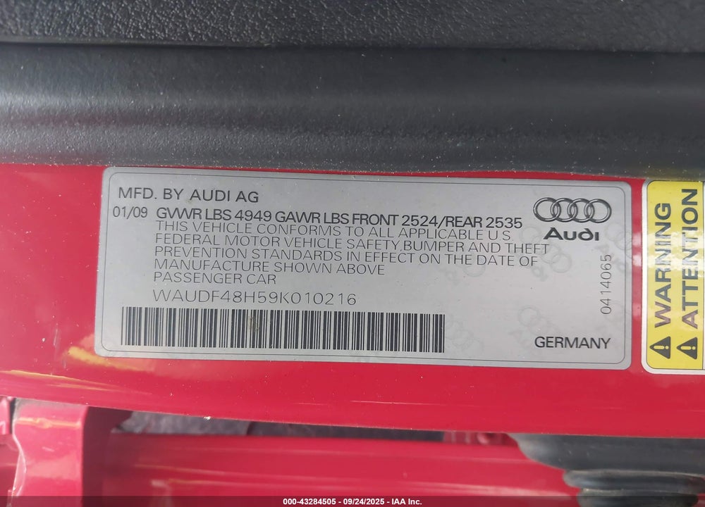 2009 AUDI A4 VIN: WAUDF48H59K010216