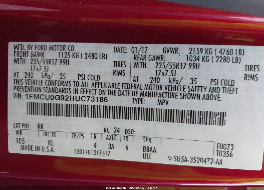 2017 FORD ESCAPE VIN: 1FMCU0G92HUC73186