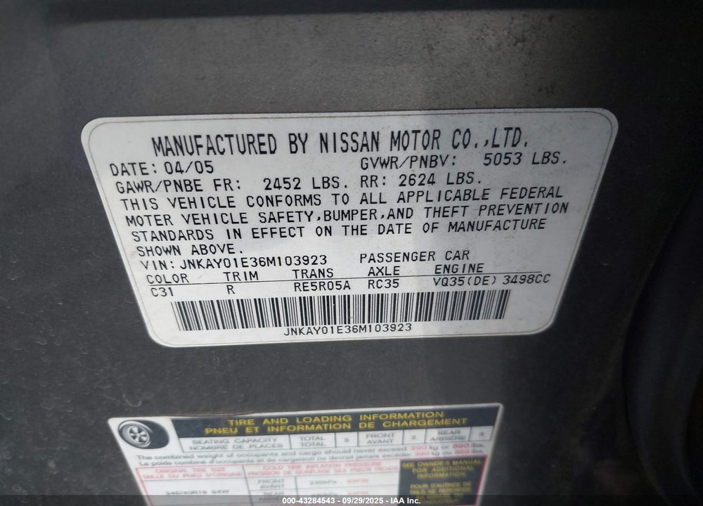 2006 INFINITI M35 SPORT VIN: JNKAY01E36M103923