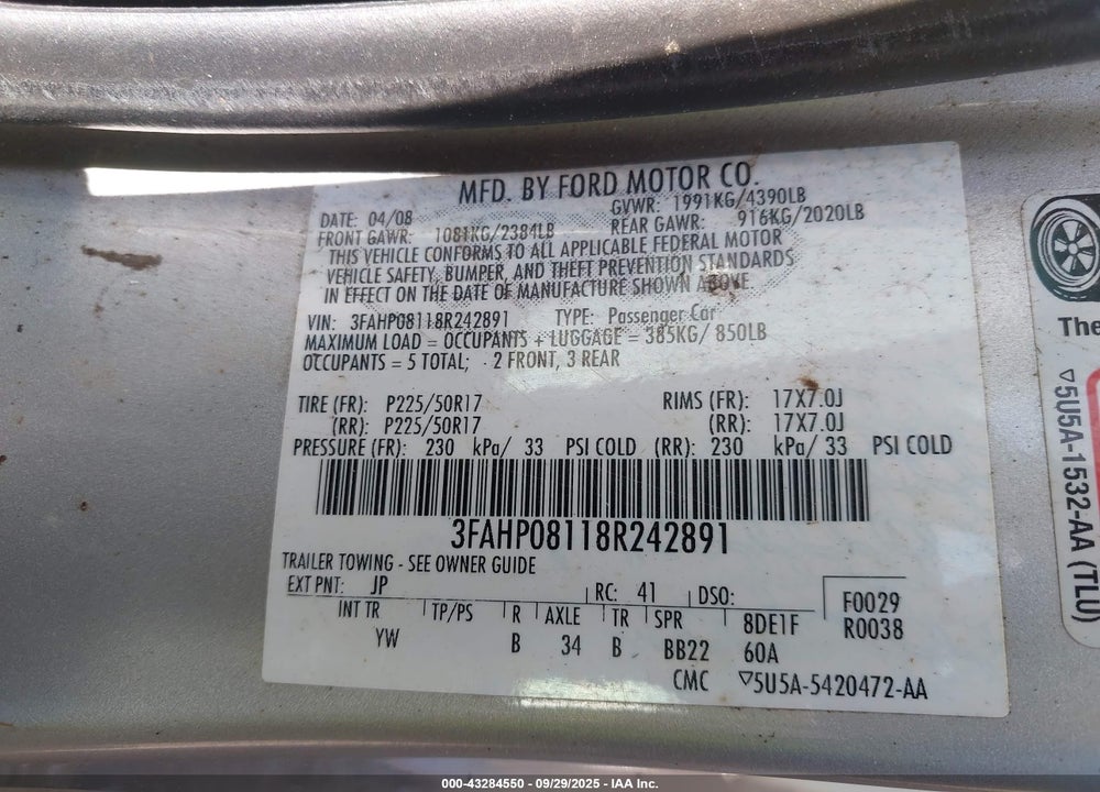 2008 FORD FUSION VIN: 3FAHP08118R242891