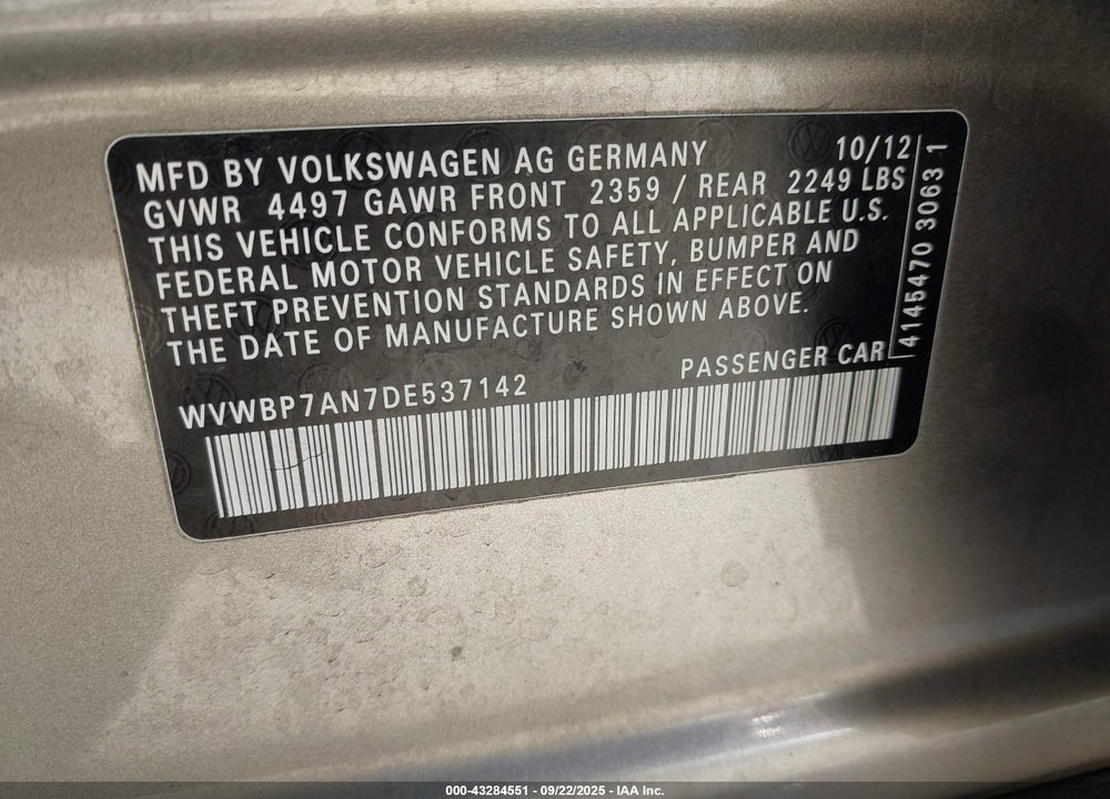 2013 VOLKSWAGEN CC VIN: WVWBP7AN7DE537142