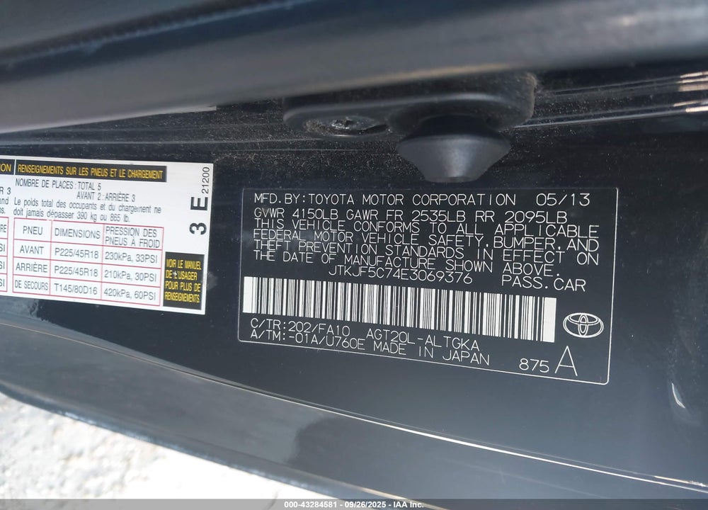 2014 SCION TC VIN: JTKJF5C74E3069376