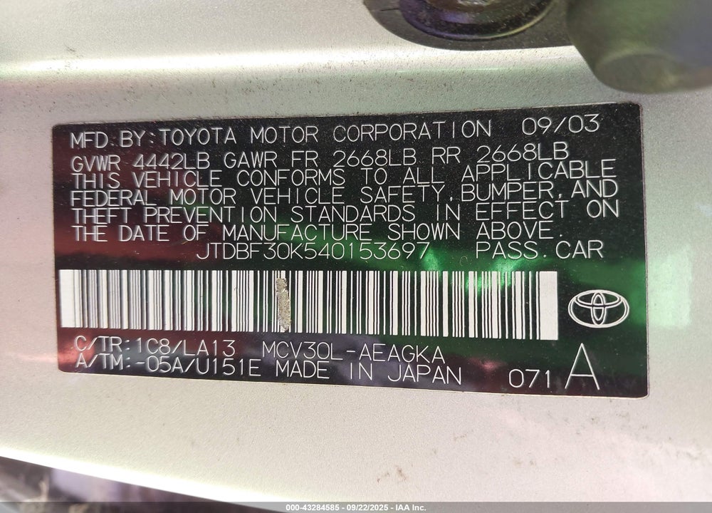 2004 TOYOTA CAMRY XLE V6 VIN: JTDBF30K540153697