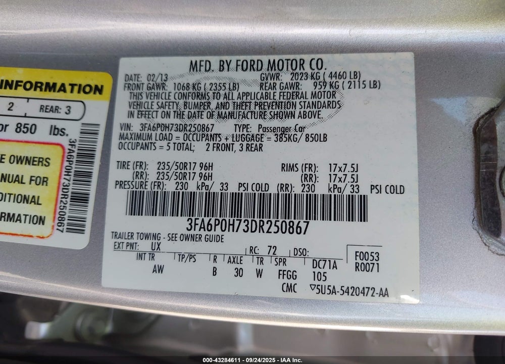 2013 FORD FUSION VIN: 3FA6P0H73DR250867