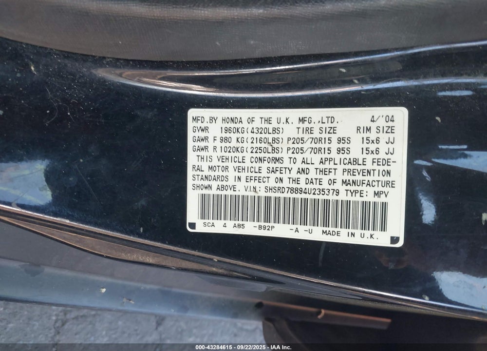 2004 HONDA CR-V EX VIN: SHSRD78894U235379