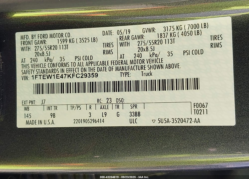 2019 FORD F-150 VIN: 1FTEW1E47KFC29359