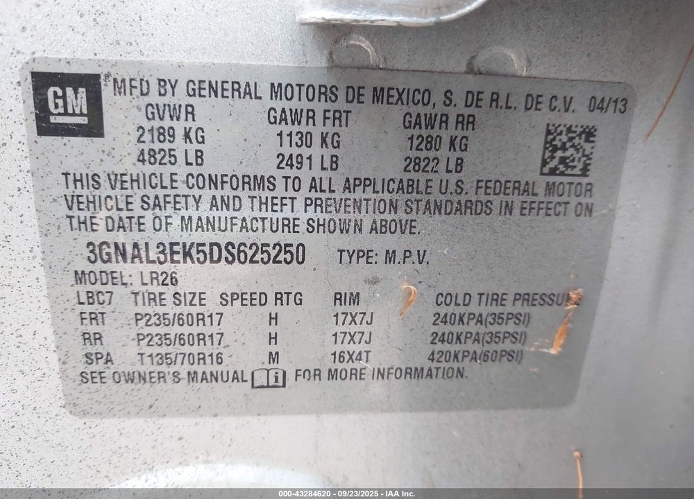 2013 CHEVROLET CAPTIVA SPORT VIN: 3GNAL3EK5DS625250