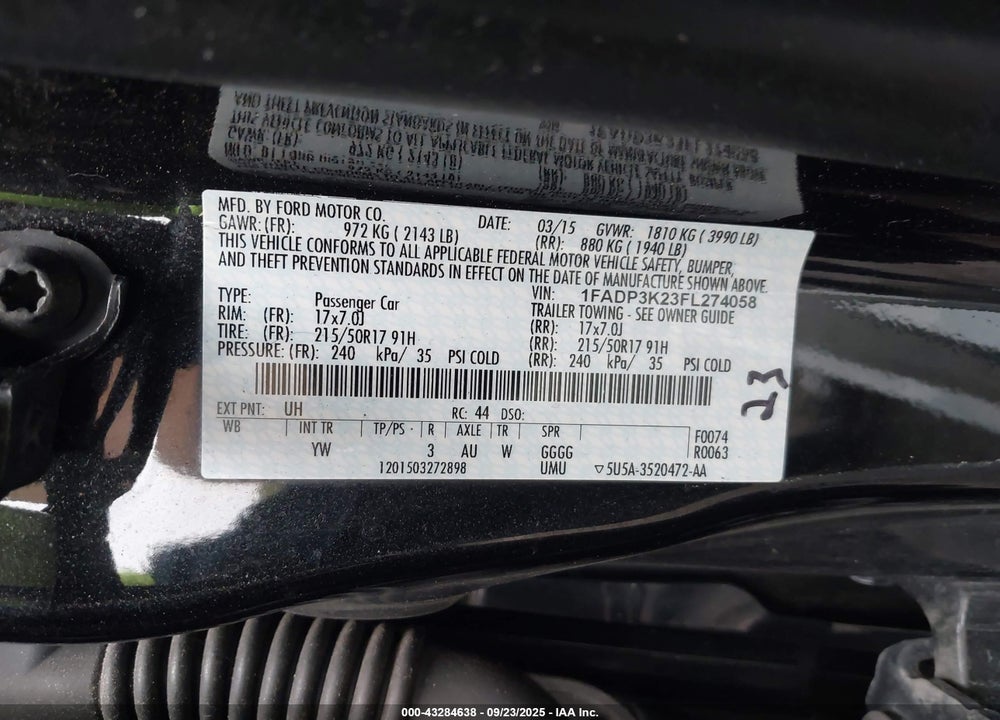 2015 FORD FOCUS VIN: 1FADP3K23FL274058