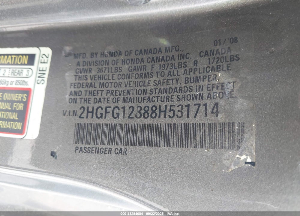 2008 HONDA CIVIC VIN: 2HGFG12888H531714