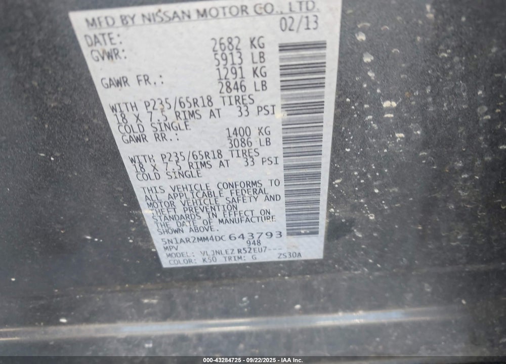 2013 NISSAN PATHFINDER VIN: 5N1AR2MM4DC643793