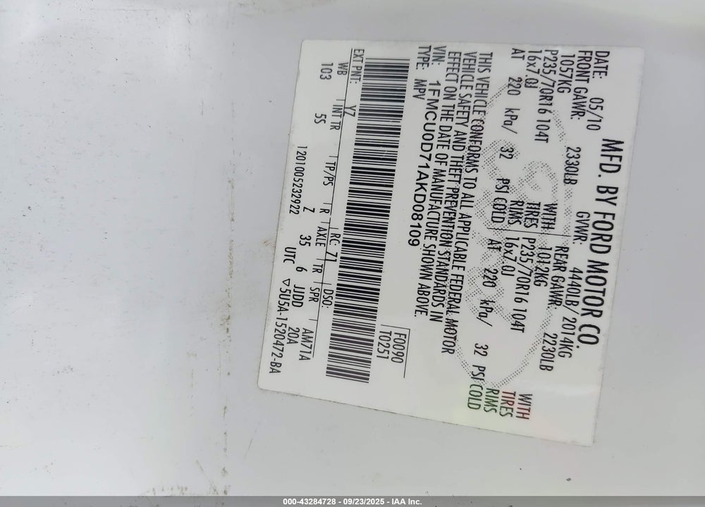 2010 FORD ESCAPE VIN: 1FMCU0D71AKD08109