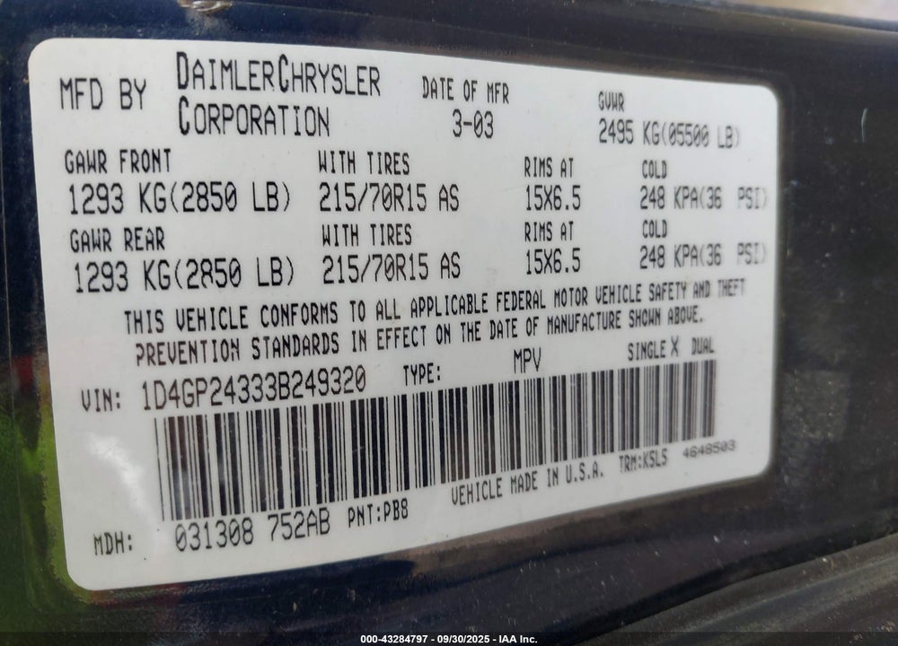 2003 DODGE GRAND CARAVAN SE VIN: 1D4GP24333B249320
