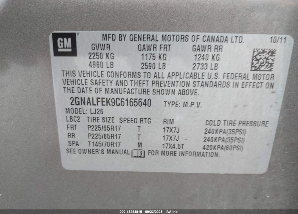 2012 CHEVROLET EQUINOX VIN: 2GNALFEK9C6165640
