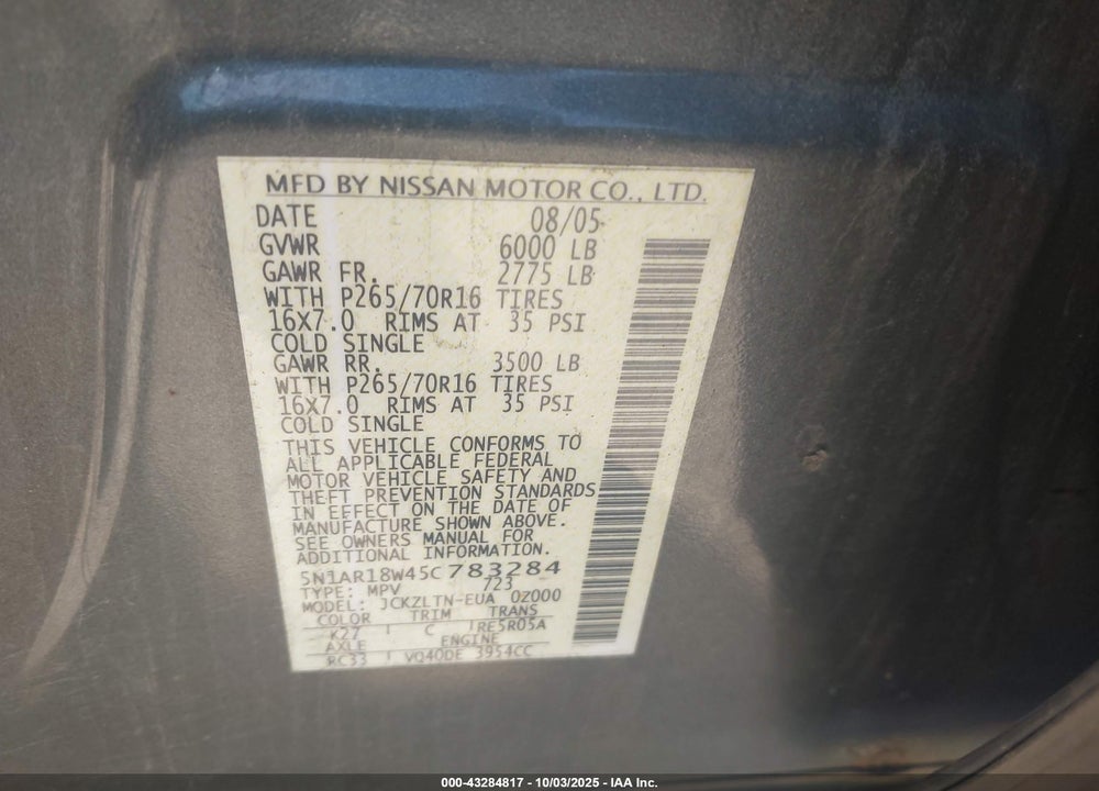 2005 NISSAN PATHFINDER SE VIN: 5N1AR18W45C783284