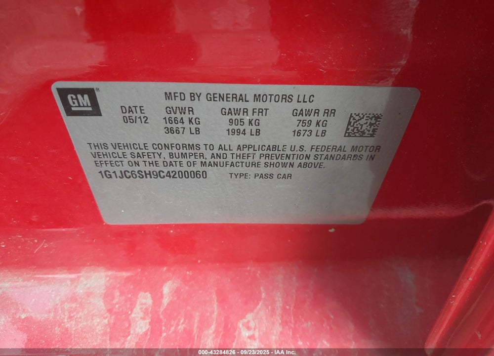 2012 CHEVROLET SONIC VIN: 1G1JC6SH9C4200060