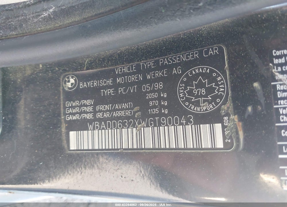1998 BMW 528I VIN: WBADD632XWGT90043