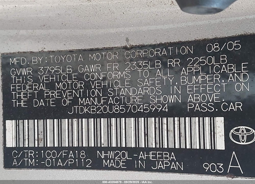 2005 TOYOTA PRIUS VIN: JTDKB20U857045994