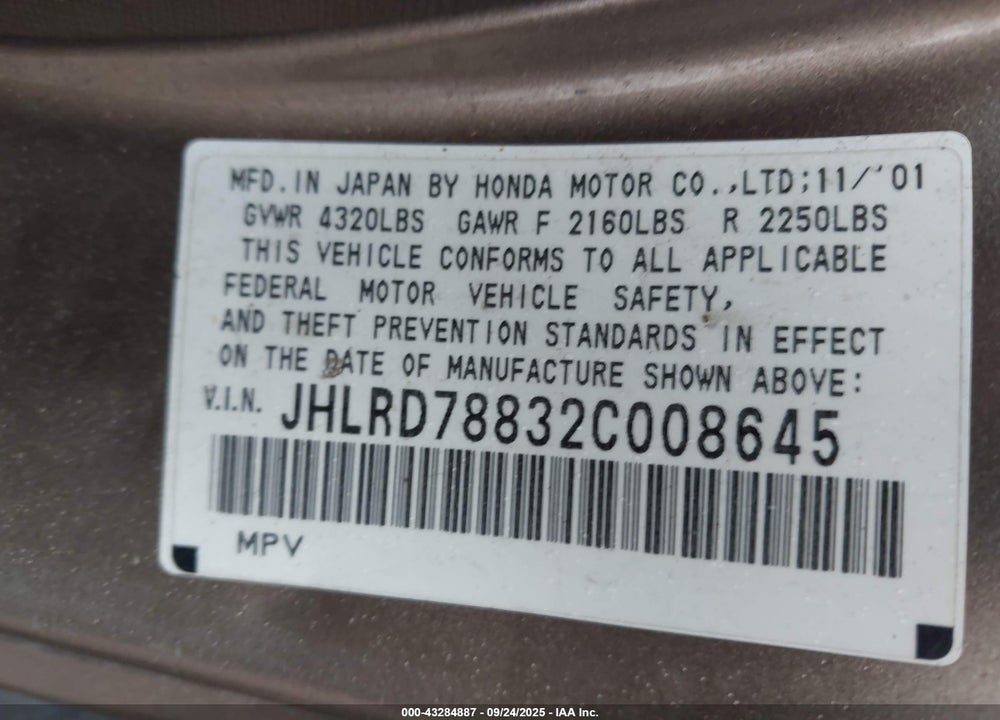 2002 HONDA CR-V EX VIN: JHLRD78832C008645