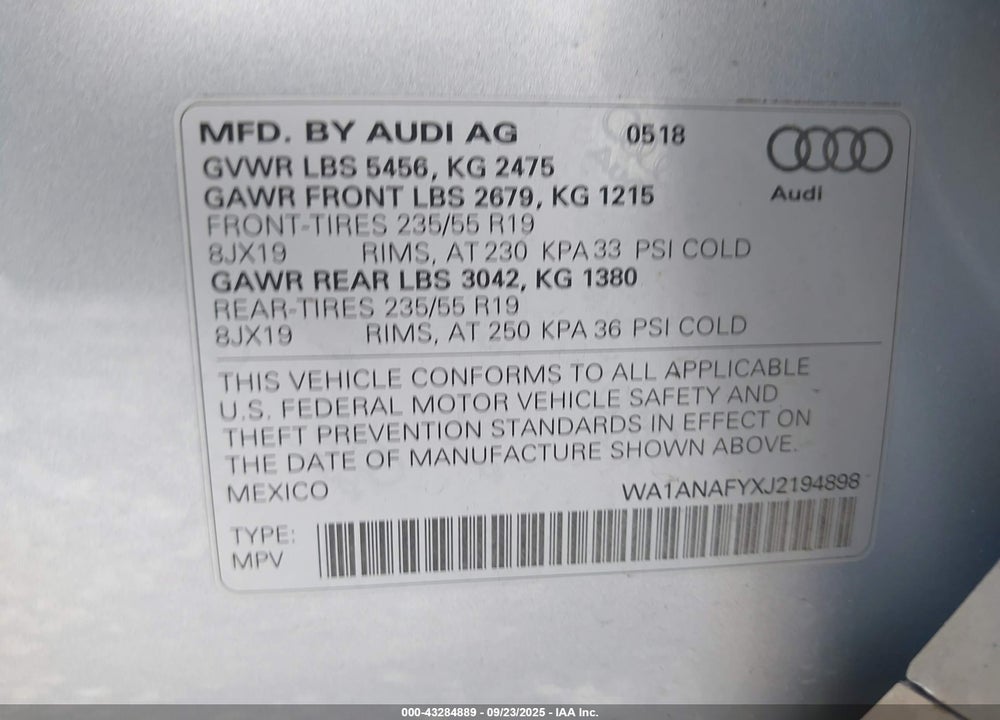 2018 AUDI Q5 2.0T PREMIUM/2.0T TECH PREMIUM VIN: WA1ANAFYXJ2194898