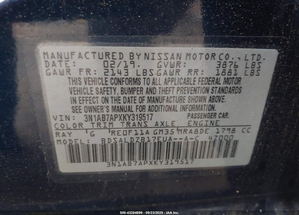 2019 NISSAN SENTRA VIN: 3N1AB7APXKY319517