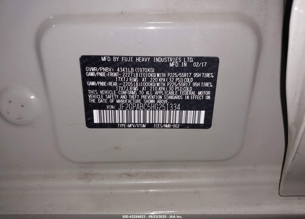 2017 SUBARU CROSSTREK VIN: JF2GPABC5HG251334
