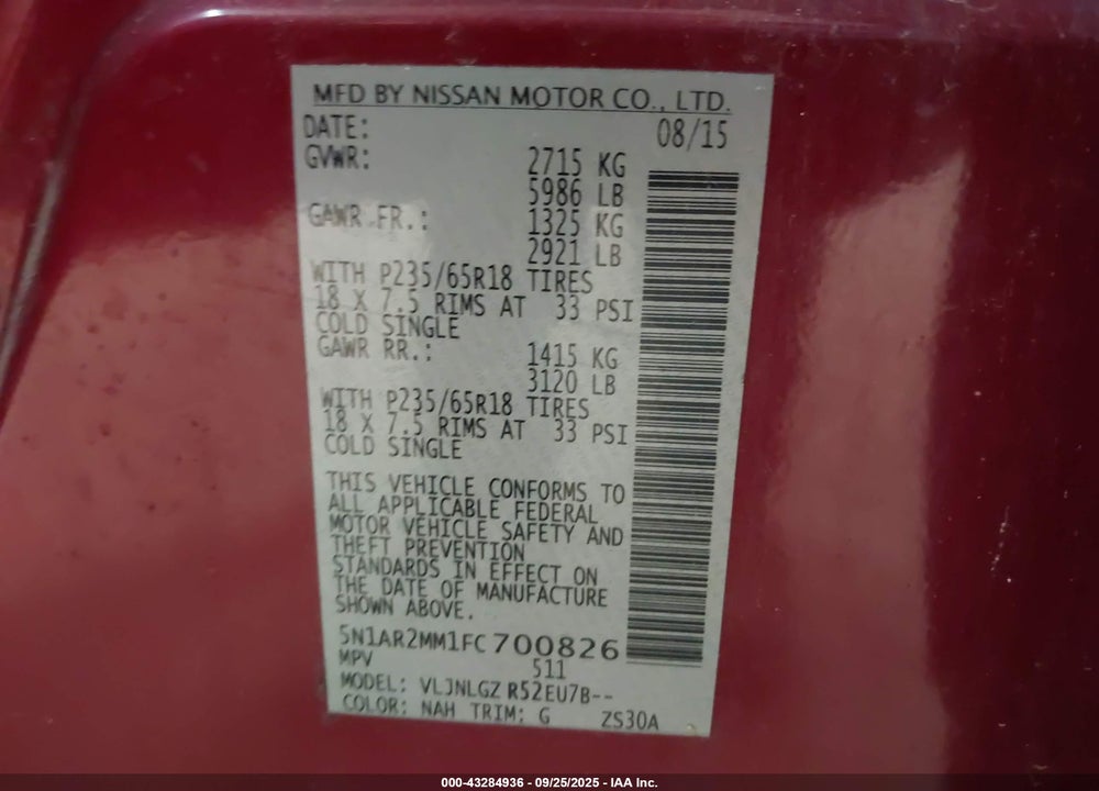 2015 NISSAN PATHFINDER SL VIN: 5N1AR2MM1FC700826