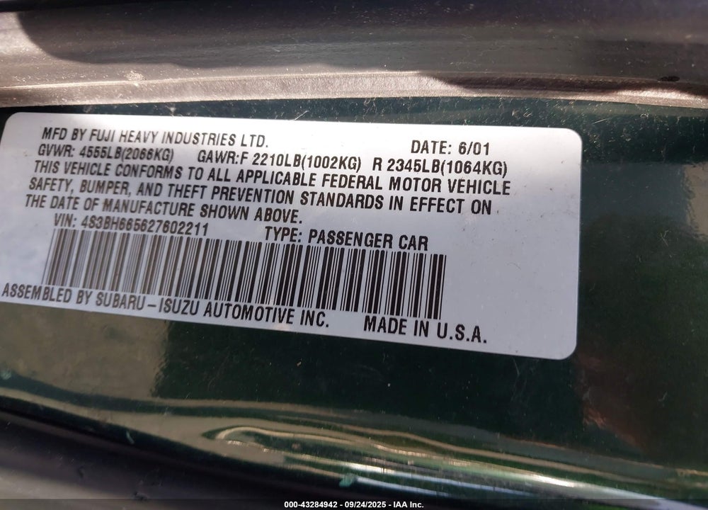 2002 SUBARU OUTBACK VIN: 4S3BH665627602211