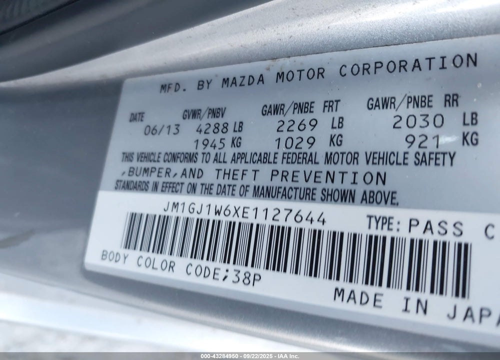 2014 MAZDA 6 I GRAND TOURING VIN: JM1GJ1W6XE1127644