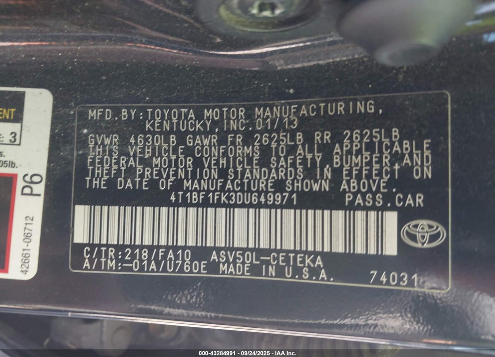 2013 TOYOTA CAMRY L VIN: 4T1BF1FK3DU649971