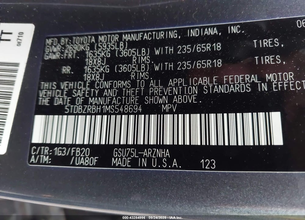 2021 TOYOTA HIGHLANDER LE VIN: 5TDBZRBH1MS548694