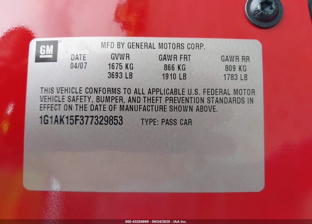 2007 CHEVROLET COBALT VIN: 1G1AK15F377329853