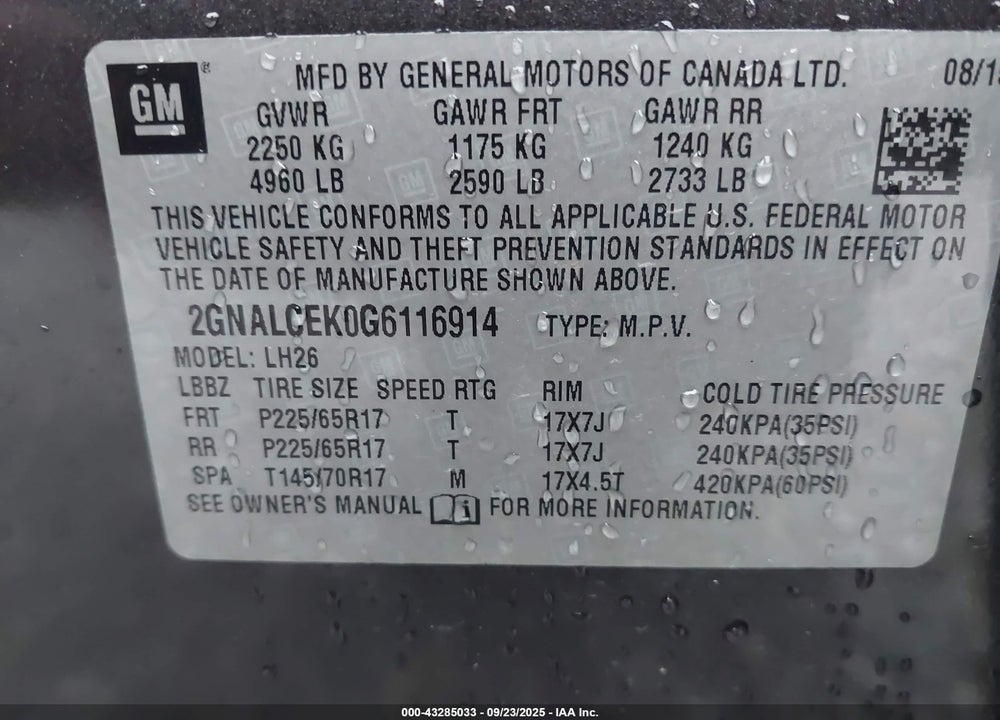 2016 CHEVROLET EQUINOX LT VIN: 2GNALCEK0G6116914