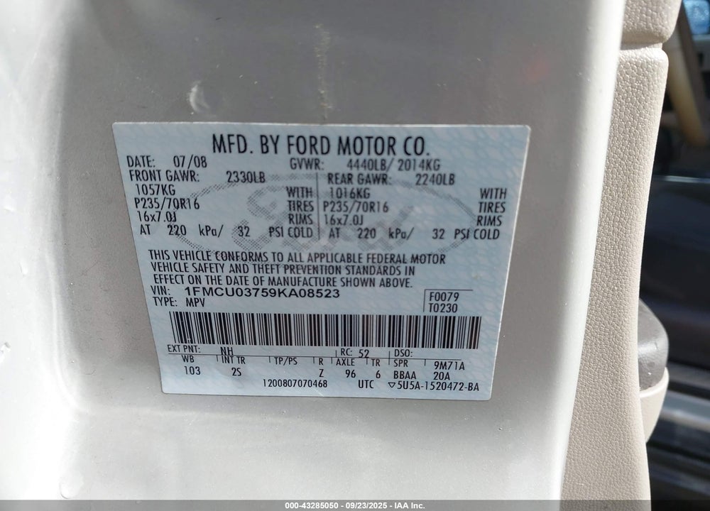 2009 FORD ESCAPE XLT VIN: 1FMCU03759KA08523