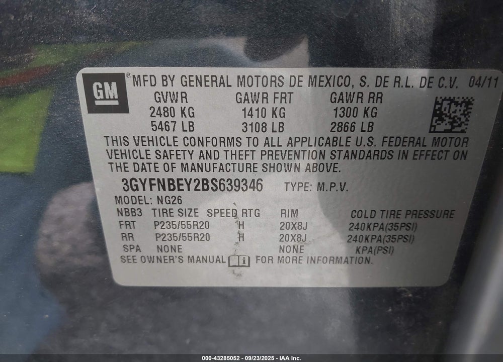 2011 CADILLAC SRX PERFORMANCE COLLECTION VIN: 3GYFNBEY2BS639346