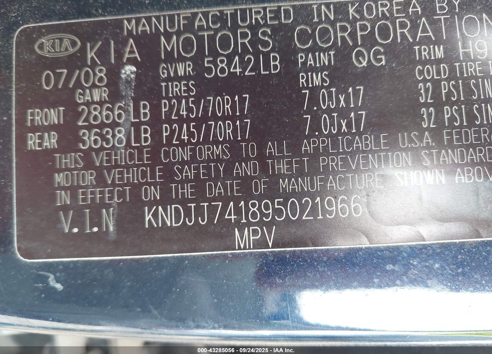 2009 KIA BORREGO EX V6 VIN: KNDJJ741895021966