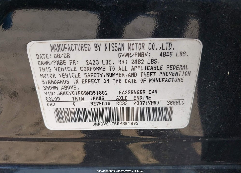 2009 INFINITI G37 VIN: JNKCV61F69M351892
